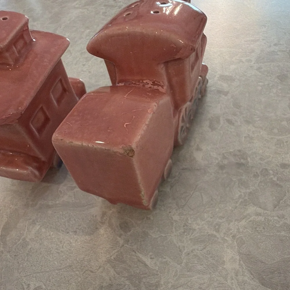 Vintage Pink Ceramic Train Salt and Pepper Shakers Set 2pc Novelty Locomotive